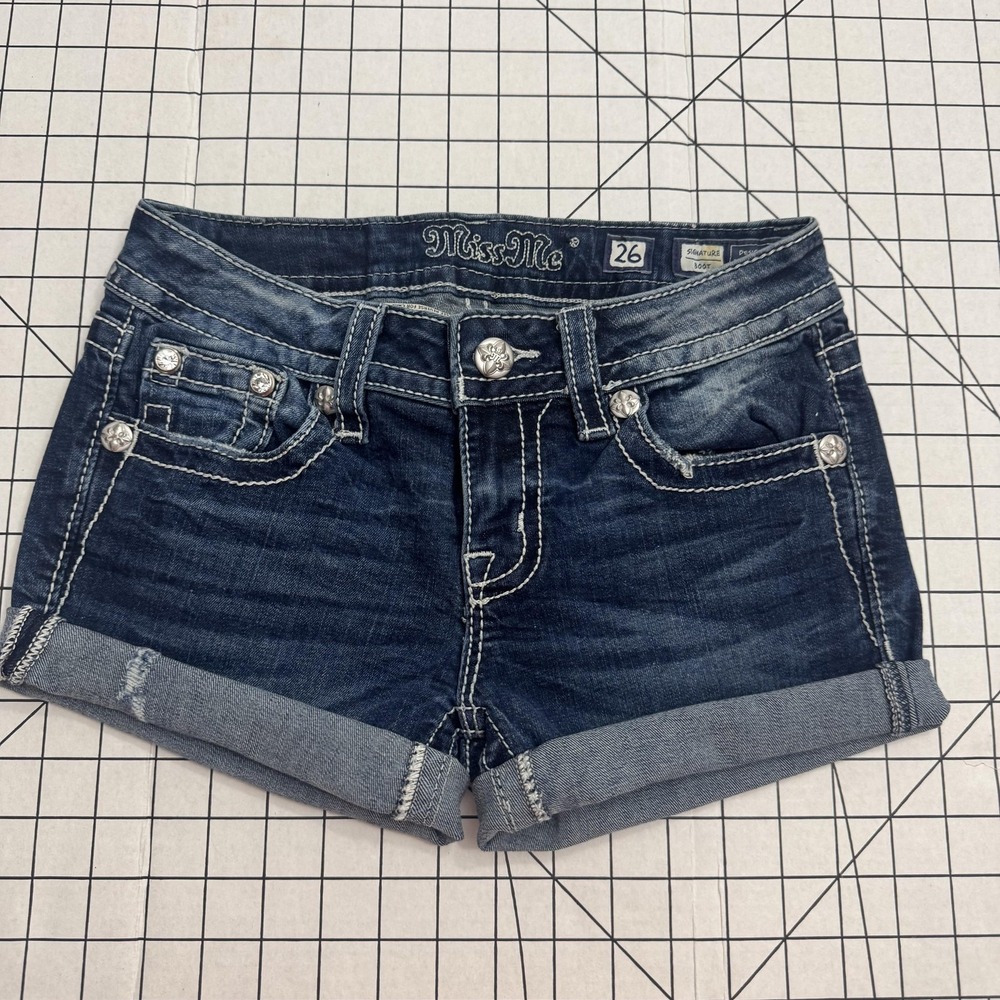 Miss Me Shorts Juniors 26 Blue Denim Cuffed Rhinestone Sequin Fleur De Lis - Picture 3 of 3
